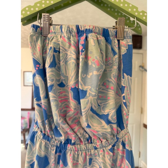Lilly Pulitzer Strapless Mini Dress Blue Pink Floral Shells Elastic Waist - Picture 2 of 5